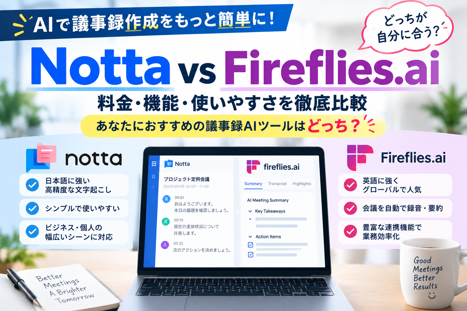 NottaとFireflies.aiの料金・機能・使いやすさを比較する記事のアイキャッチ画像